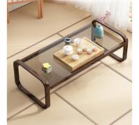 Low Floor Table with Bamboo Frame & Tempered Glass Top, Modern Rectangular Coffee Table for Living Room, Tea Table Accent Furniture for Meditation and Tatami Rooms