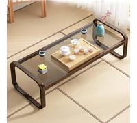 Low Floor Table with Bamboo Frame & Tempered Glass Top, Modern Rectangular Coffee Table for Living Room, Tea Table Accent Furniture for Meditation and Tatami Rooms