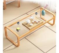 Low Floor Table with Bamboo Frame & Tempered Glass Top, Modern Rectangular Coffee Table for Living Room, Tea Table Accent Furniture for Meditation and Tatami Rooms