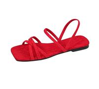 Low Heel Evening Shoes Summer Korean Version Slim Strap Flat Sandals Comfortable Versatile Elegant Suede Women's Sandals Summer Shoes for Women Size 5 (Red, 6)