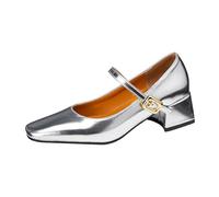Low Heel Mary Jane Pumps for Women Comfortable Closed Toe Dress Shoes Square Toe Chunky Heels for Work Party Silver