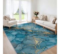 Low Pile Abstract Art Agate Marble Gold Stripes Rug Living Room 160x230 cm | Modern Luxe Area Rugs for Bedroom Dining Room - Non Slip Bedside Rug Washable Deep Teal Blue Carpet for Nursery