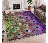 Low-Pile Area Rug 60 x 90 cm, Machine Washable, Non-Slip, Realistic Nature Peacock Feather, Stain and Fade Resistant for Living Room, Hallway, Bedroom, Bathroom, Multicolour