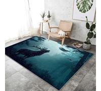 Low Pile Area Rugs Fantasy Style 80 x 150 cm, Soft and Non-Slip Living Room Carpet, Mysterious Forest Animals Deer Stain-Resistant Printed Rug Suitable for Bedroom Kitchen Office Green