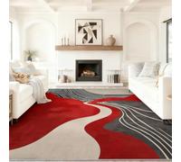 Low-Pile Modern Luxury Rug, 80 x 150 cm Red, Anti-Slip Soft Washable Carpet, 3D Geometric Wave Curve Printed, for Living Room Dining Room Bedroom Home Office, Non-Shedding