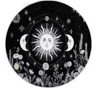 Low Pile Round Rugs Living Room 180cm, Black Non-Shedding Area Rugs, Machine Washable Non-Slip Carpet - Mystical Flowers Sun Moon Printed Design, Dining Room Bedroom