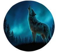 Low Pile Round Rugs Living Room 60cm, Dark Blue Non-Shedding Area Rugs, Machine Washable Non-Slip Carpet - Mystical Forest Animals Wolf Printed Design, Dining Room Bedroom