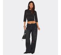 Low Rise Distressed Detail Frayed Hem Straight Leg Jeans Black Washed Denim, Women's Size UK 14