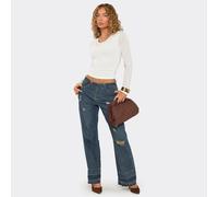Low Rise Distressed Detail Frayed Hem Straight Leg Jeans Blue Washed Denim, Women's Size UK 14