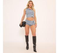 Low Rise Fold Over Button Detail Hot Pants In Blue And Brown Stripe, Women's Size UK 8