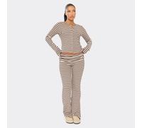 Low Rise Fold Over Flared Trousers In Brown Striped Soft Fleece, Women's Size UK 6