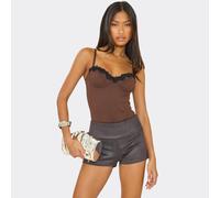 Low Rise Fold Over Waist Hot Pants In Chocolate Brown Faux Suede, Women's Size UK 6