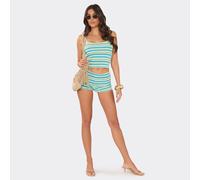 Low Rise Fold Over Waist Shorts In Blue And Lemon Stripe Knit, Women's Size UK M