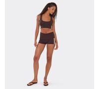 Low Rise Fold Over Waist Side Stripe Mini Shorts In Chocolate Brown, Women's Size UK 10