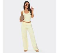 Low Rise Fold Over Waist Side Stripe Wide Leg Joggers In Lemon, Women's Size UK 6