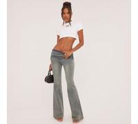 Low Rise Fold Over Waistband Flared Jeans In Washed Blue Denim, Women's Size UK 16