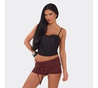 Low Rise Fold Over Waistband Ruched Mini Shorts In Chocolate Brown Textured, Women's Size UK 14