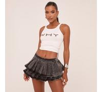 Low Rise Pleated Tiered Hem Skort In Washed Black Denim, Women's Size UK 10
