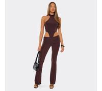 Low Rise Ruched Fold Over Flared Leg Trousers In Chocolate Brown, Women's Size UK 14