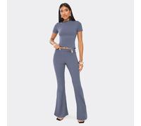 Low Rise Ruched Trim Detail Flared Leg Trousers In Steel Blue, Women's Size UK 6