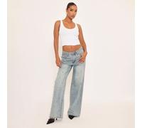 Low Rise Studded Detail Wide Leg Jeans In Washed Blue, Women's Size UK 8