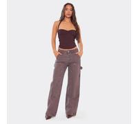 Low Rise Studded Patch Detail Wide Leg Jeans In Brown Denim, Women's Size UK 8