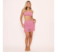 Low Rise Tassel Detail Mini Skirt In Pink Waffle Knit, Women's Size UK Medium M