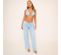 Low Rise Tie Waist Beach Trousers In Blue Glitter, Women's Size UK 10