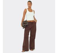 Low Rise Wide Leg Cargo Trousers In Chocolate Brown Woven, Women's Size UK 10