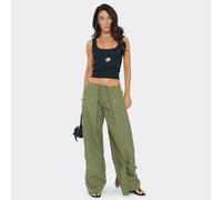 Low Rise Zip Detail Wide Leg Pleated Cargo Trousers In Khaki, Women's Size UK 10