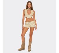 Low Rise Zip Up Front Belted Hot Pants In Cream, Women's Size UK 14