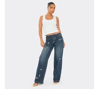 Low Waist Distressed Detail Straight Leg Jeans In Dark Blue Denim, Women's Size UK 6