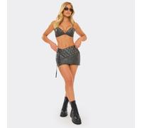 Low Waist Eyelet Wrap Detail Mini Skirt In Black Acid Wash Faux Leather, Women's Size UK 6