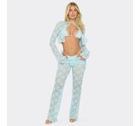 Low Waist Fold Over Ruched Wide Leg Trousers In Baby Blue Lace, Women's Size UK 8