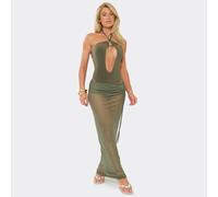 Low Waist Fold Over Tie Side Detail Ruched Maxi Skirt In Khaki Mesh, Women's Size UK 10