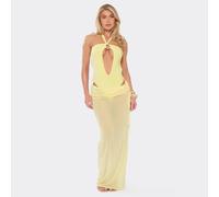 Low Waist Fold Over Tie Side Detail Ruched Maxi Skirt In Lemon Mesh, Women's Size UK 10
