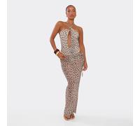 Low Waist Fold Over Tie Side Detail Ruched Maxi Skirt In Leopard Print Mesh, Women's Size UK 8