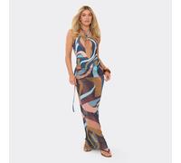 Low Waist Fold Over Tie Side Detail Ruched Maxi Skirt In Multi Abstract Print Mesh, Women's Size UK 12