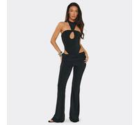 Low Waist Fold Over Waist Flared Trousers In Black Slinky, Women's Size UK 10