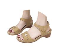 Low Wedge Chunky Sandals for Women Sandals Size 7 Women's Comfy Heel Mules With Adjustable Ankle Strap Scallop Edge & Pearl Embellishment Casual Platform White Woman Sandal (Brown,4.5)