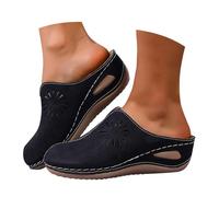 Low Wedge Mules Sandals For Women UK, Comfort Suede Clogs Arch Support Slippers, Slip On Closed Toe Hollowed Out Sandal, Wide Fit Casual Walking Non Slip Shoes, Breathable Footwear For Holiday Beach