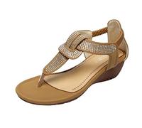 Low Wedge Sandals for Women Clip Toe Casual Summer Bohemian Flip Flops Diamante T-bar Beads Elastic Slingback Sandals (5.5,Brown)