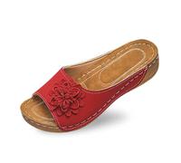 Low Wedge Sandals for Women,Stylish Women's Open Toe Floral Slippers Breathable Platform Slides for Casual Outdoor Wear Red
