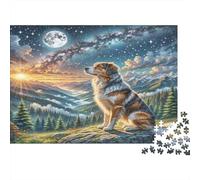 Lowchen Premium Paper Australian Shepherd on Rocky Mountain Cliff at Night DIY Jigsaw Puzzle Family Game Fun 38x26cm/1000pcs