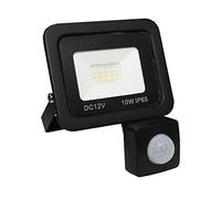 LOWENERGIE 12V DC LED Floodlight, IP65 Outdoor Security Light with PIR Motion Sensor, 10W-50W Garden Solar Flood Lamp, Black (6000K - Day White, 10w PIR)