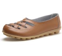 LOWVEDGK Orthopedic Loafers in Breathable Leather Comfortable Hollow Soft Flats Sandals Summer Casual Slip-On Shoes (Khaki,6.5 UK)