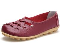 LOWVEDGK Orthopedic Loafers in Breathable Leather Comfortable Hollow Soft Flats Sandals Summer Casual Slip-On Shoes (Wine Red,5.5 UK)
