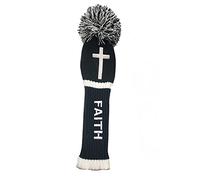 LOXASUM Golf Club Head Cover, Black Polyurethane Leather, Cross Faith Design with Pom Pom, 35x12cm Driver Wood Fairway Sock, Knitted Elastic Closure