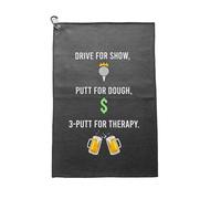 LOXASUM Golf Towel, Drive for Show, Putt for Dough, 3 Putt for Therapy, Humorous Golf and Beer Design, Black Microfibre with Clip