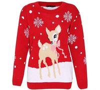 Loxdonz Girls Boys Knitted Merry Christmas Xmas Snowflake Kids Reindeer Pom Pom Jumper Sweater Top (5-6 Years, Baby Deer Red)